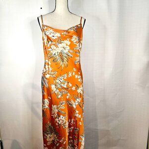 Slip-Style Medium Midi Dress, Front Side Leg Slit Vibrant Orange Base